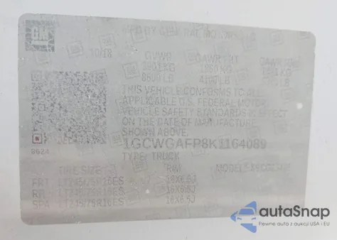 2019 Chevrolet Express 2500 Work Van from USA, damaged, VIN 1GCWGAFP8K1164089